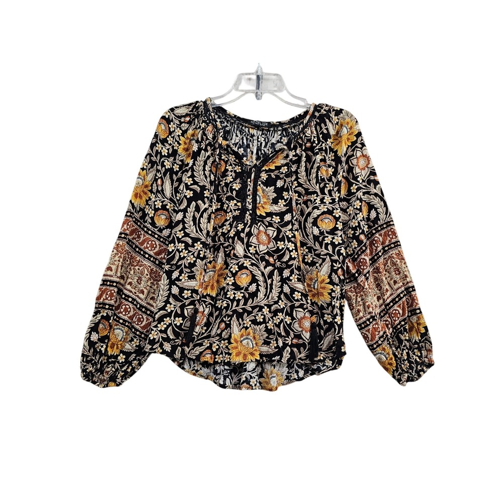 Rachel Zoe Floral Peasant Blouse Womens S Black Yellow Boho Rayon Long Sleeve